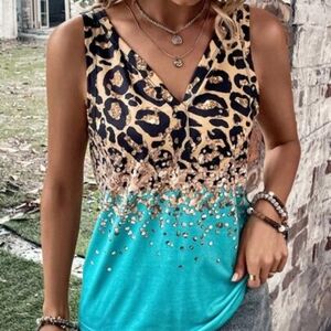 Chic Tan and Brown Tank Top with Leopard Print L